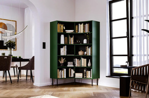 Nowoczesny narożny regał na książki Skandica HORN z czarnymi nogami / zielony / szer. 100 cm