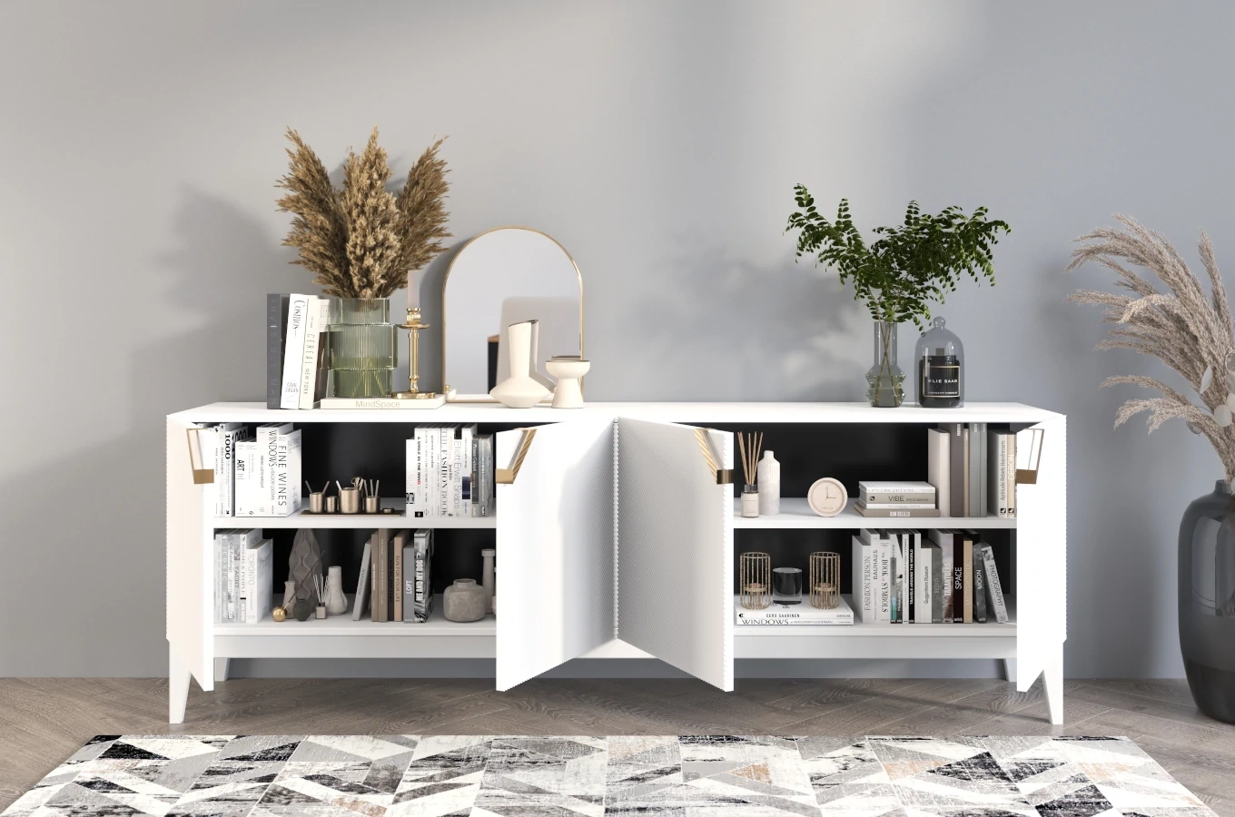 Drewniana komoda Visby DEMI LONG / kolor biały + białe nogi / szer. 201,5 cm