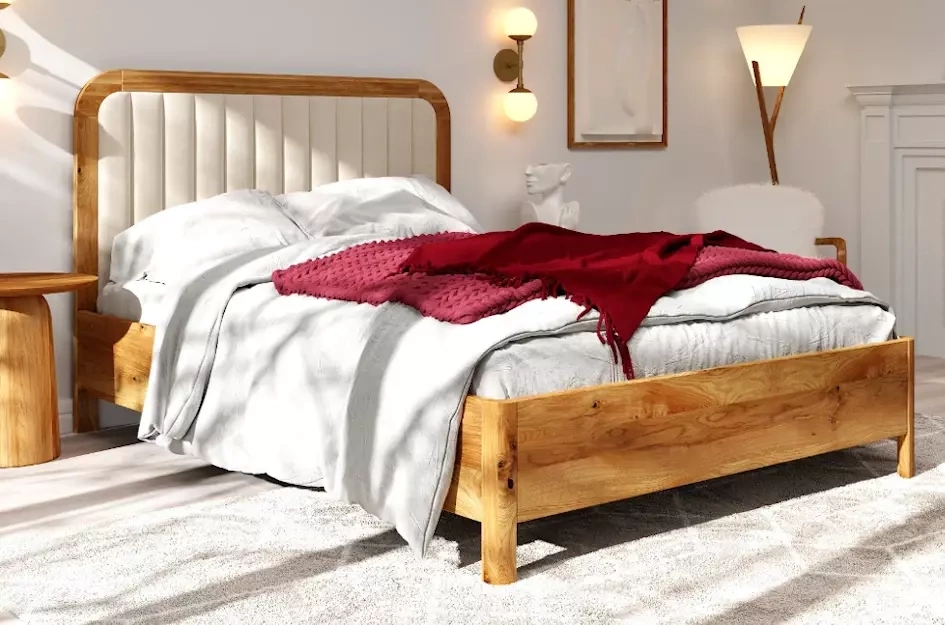 Tapicerowane łóżko drewniane dębowe Visby MODENA z wysokim zagłówkiem / 140x200 cm, olej naturalny, zagłówek Casablanca 2301
