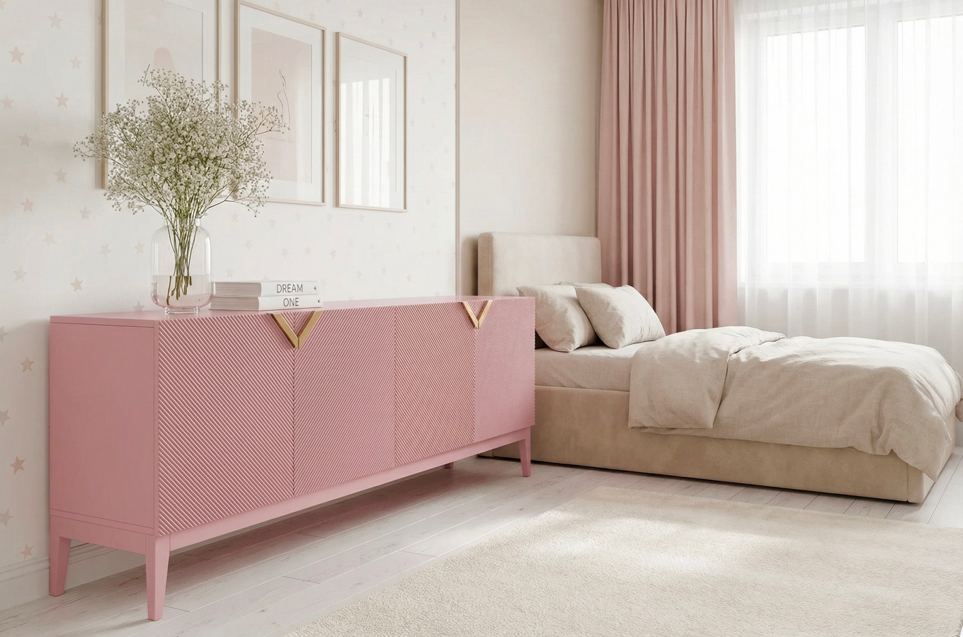 Drewniana komoda Visby DEMI LONG / kolor pudrowy róż / szer. 201,5 cm