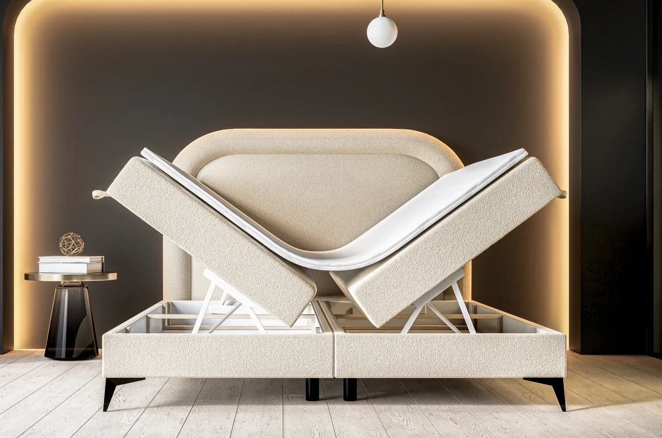 Tapicerowane łóżko kontynentalne DIEGO z półokrągłym zagłówkiem