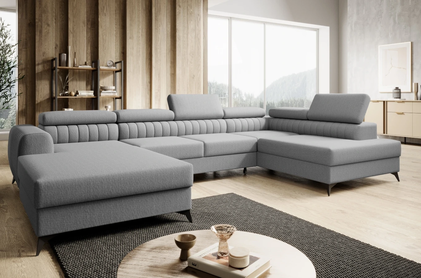 Nowoczesny narożnik PLAZA z funkcją spania i dwoma pojemnikami na pościel