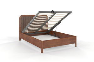 Tapicerowane łóżko drewniane bukowe Visby MODENA BC z wysokim zagłówkiem / 140x200 cm, kolor orzech, zagłówek Casablanca 2306 (skrzynia na pościel)