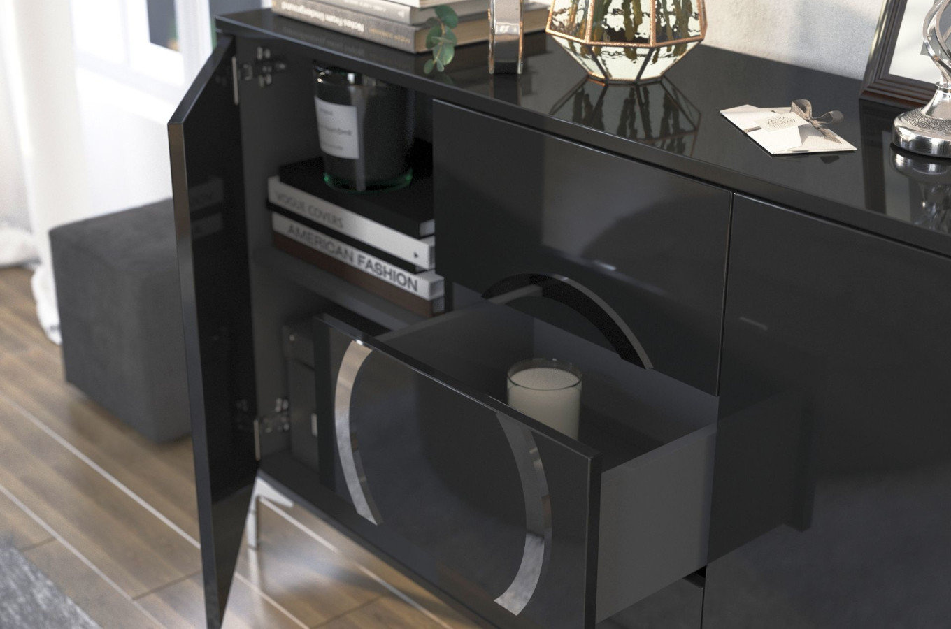 Czarna nowoczesna komoda Dancan EVA połysk / szer. 138 cm