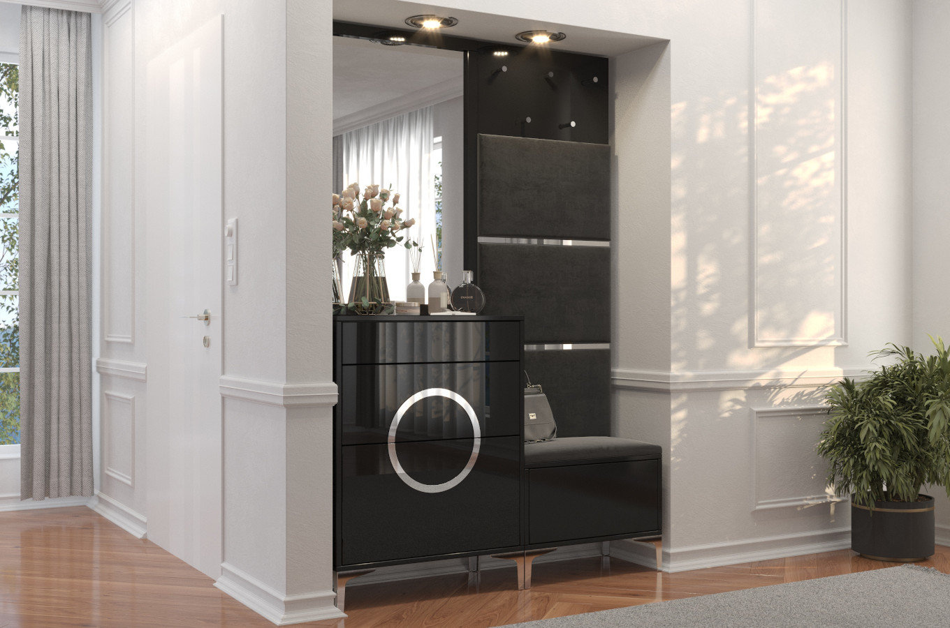 Czarno-srebrne siedzisko z pojemnikiem Dancan EVELINE wysoki połysk / szer. 60 cm