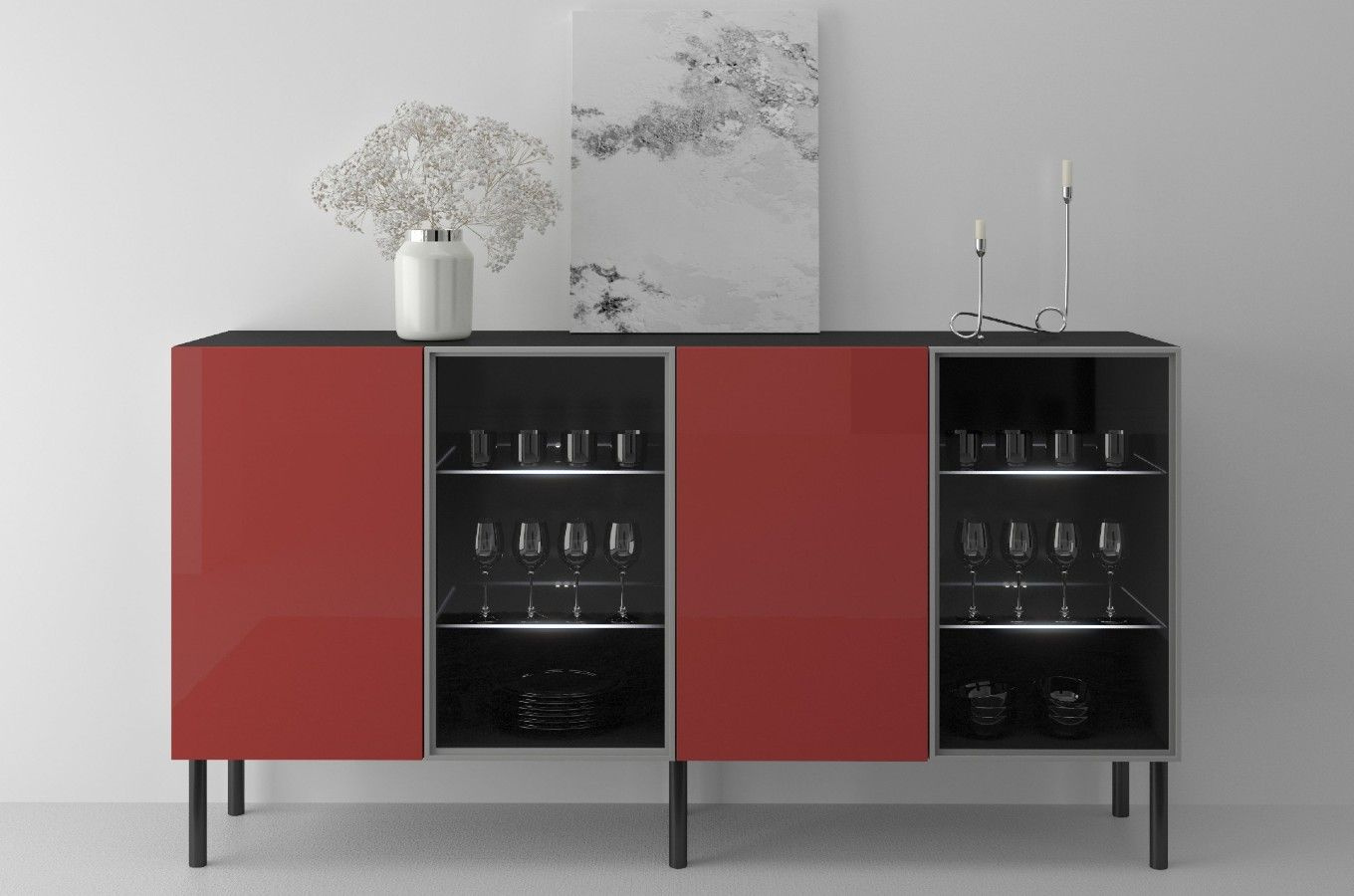 Podświetlana komoda witryna połysk Skandica Lilka czarna-czerwona na nóżkach / szer. 138 cm