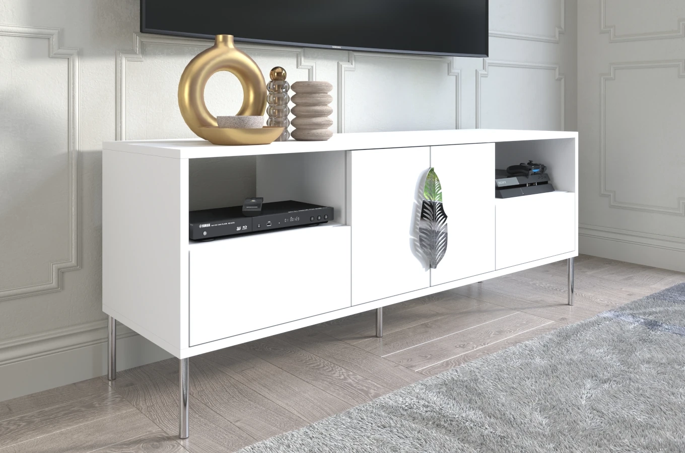 Biała komoda RTV Skandica MERLIN ze srebrnymi dodatkami / szer. 138 cm