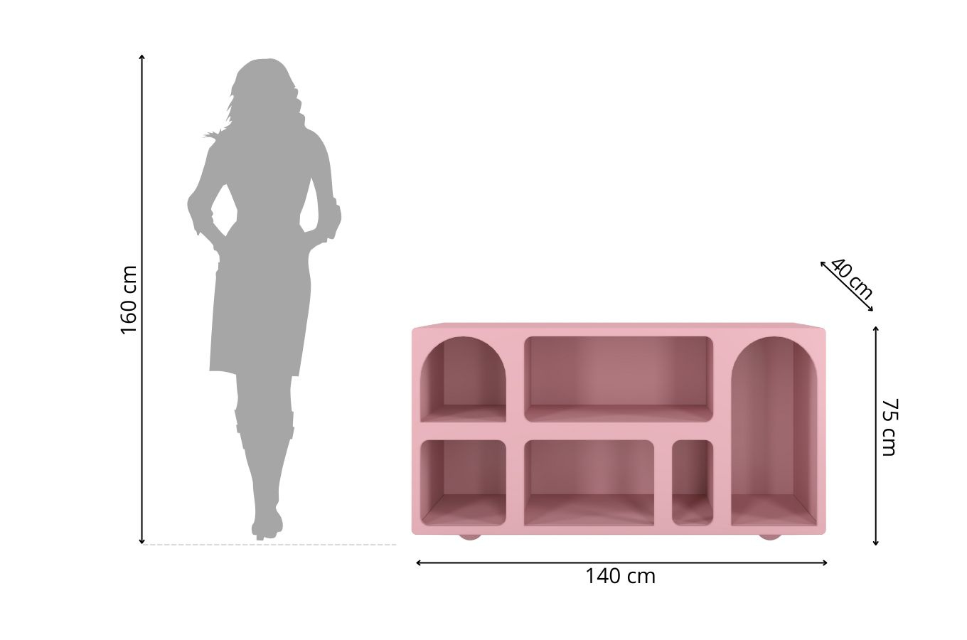 Drewniana komoda - regał - szafka RTV z łukami Visby OLIMPIA LONG / kolor pudrowy róż / szer. 140 cm