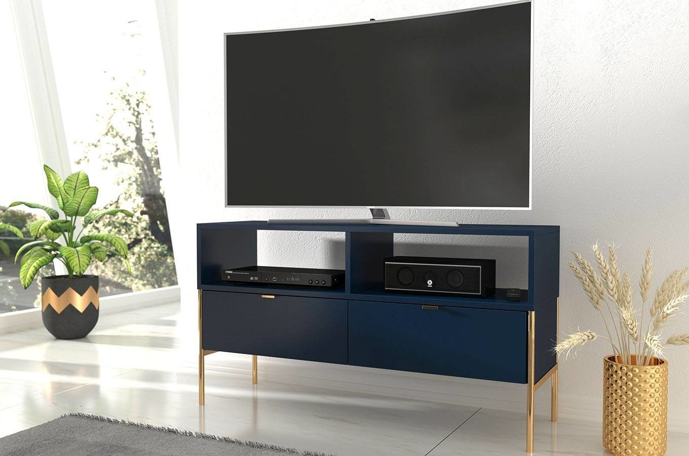 Elegancka granatowa komoda RTV Skandica POLKA na złotych nóżkach / szer. 120 cm