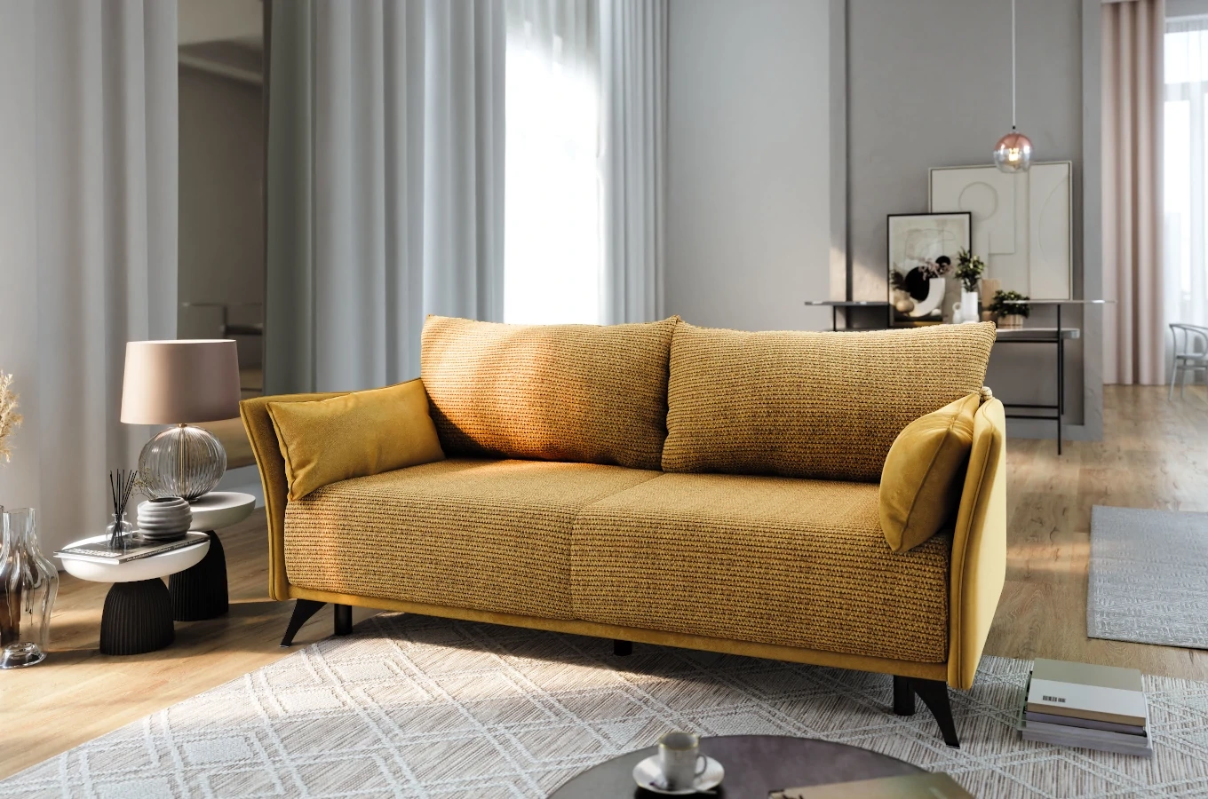 Nowoczesna sofa rozkładana EMMA z funkcją spania i pojemnikiem na pościel / szerokość 223 cm