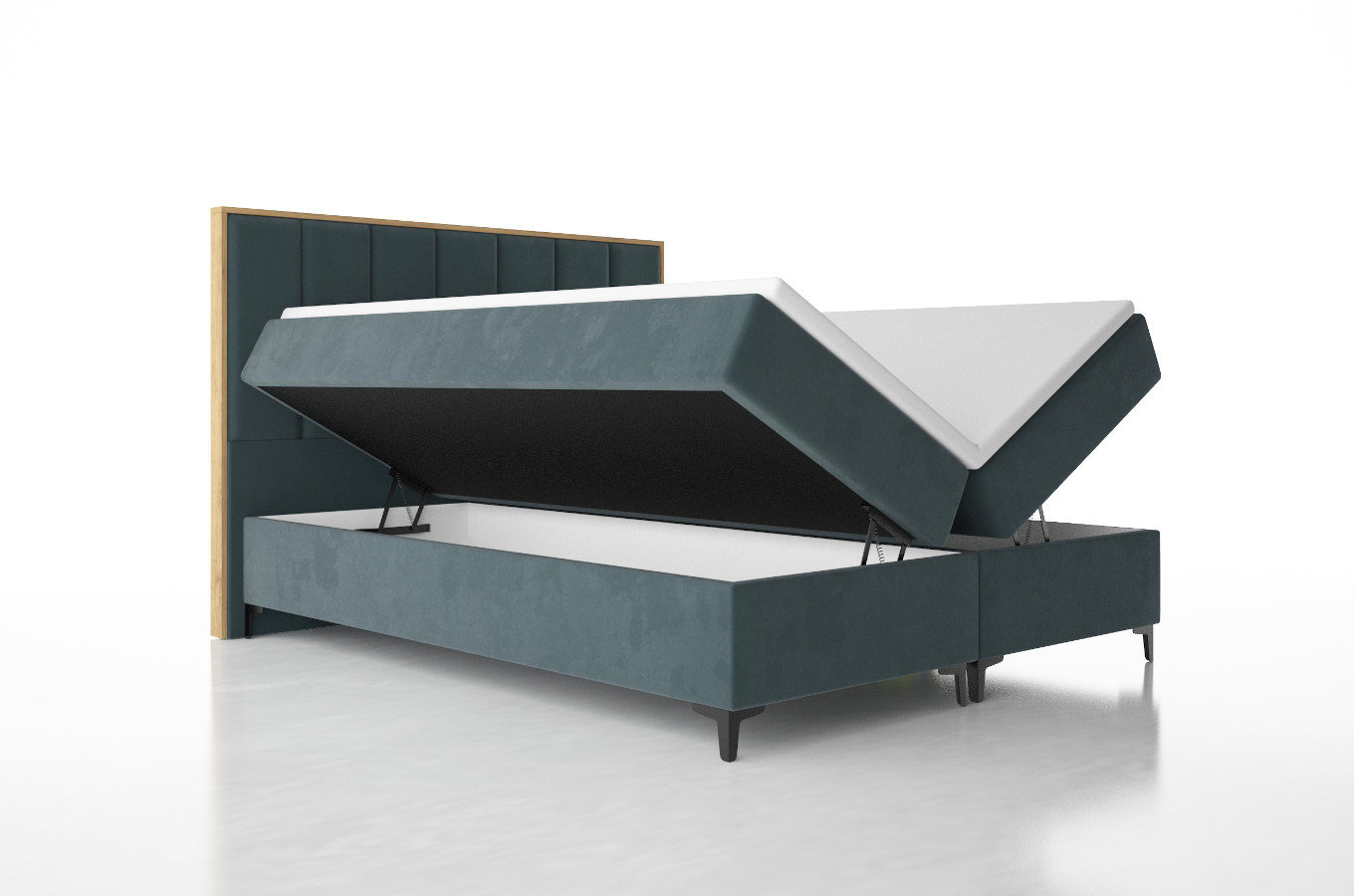 Tapicerowane łóżko kontynentalne LONDON z zagłówkiem z pionowymi przeszyciami i elementami drewna