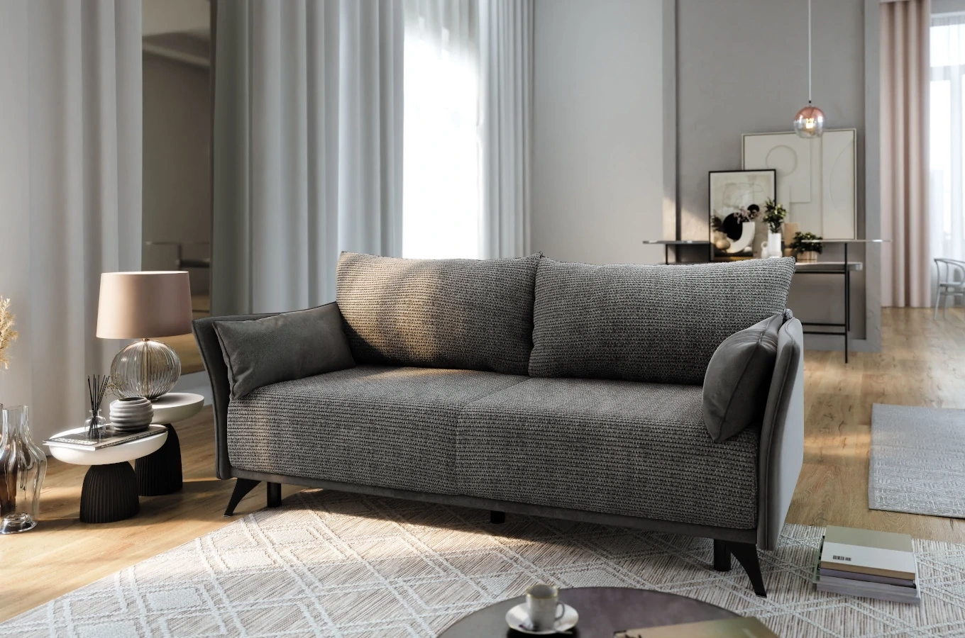 Nowoczesna sofa rozkładana EMMA z funkcją spania i pojemnikiem na pościel / szerokość 223 cm