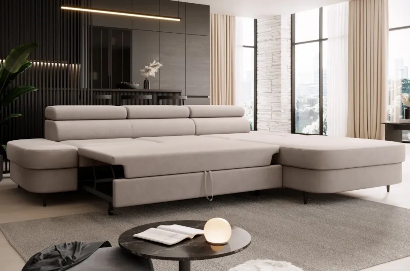 Nowoczesny narożnik TANZANIT J z funkcją spania i pojemnikiem na pościel