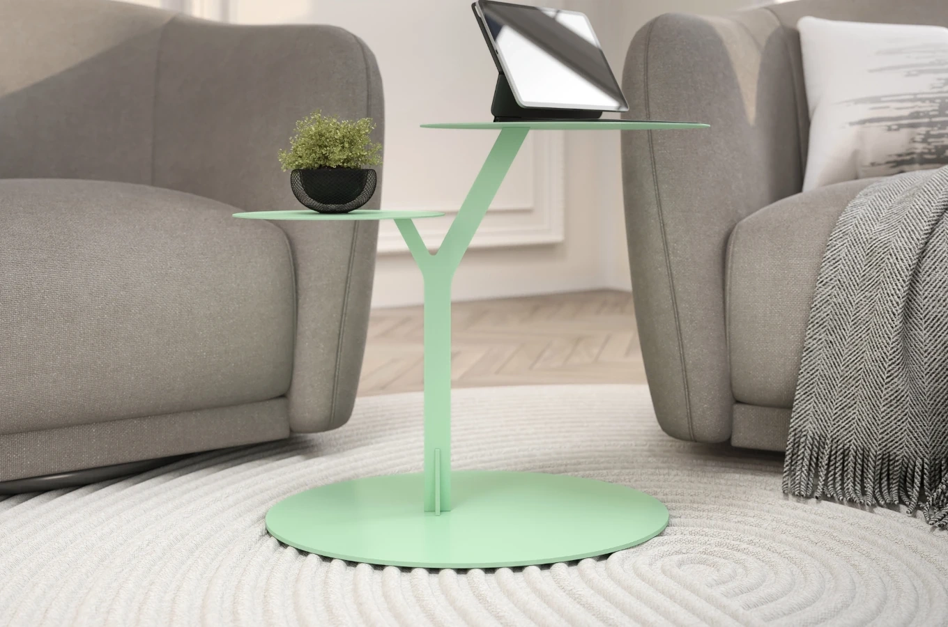 Metalowy stolik pomocniczy do salonu Kayani IROKO / kolor pudrowa zieleń