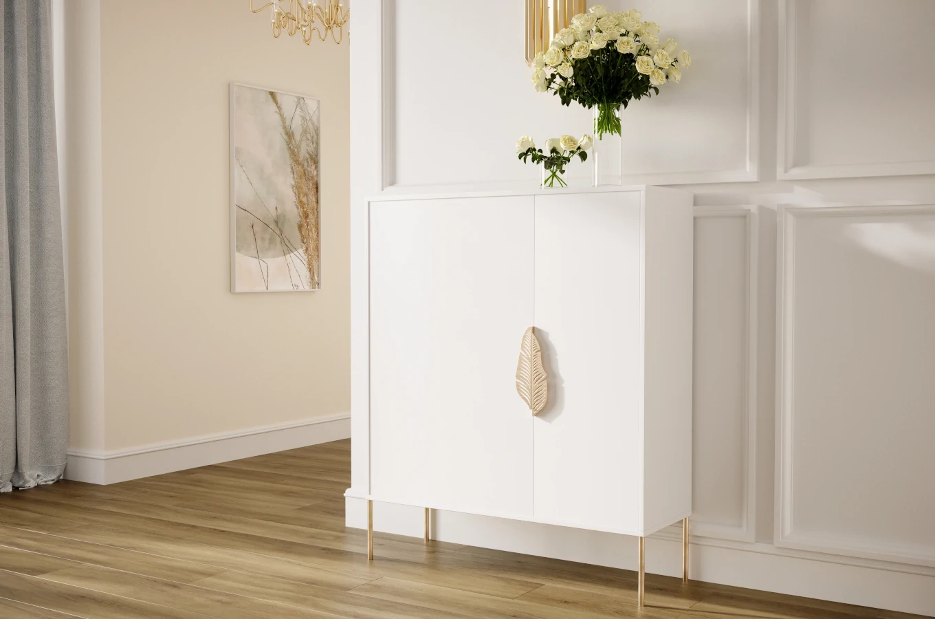 Biała komoda / szafka na buty Skandica MERLIN ze złotymi dodatkami / szer. 100 cm