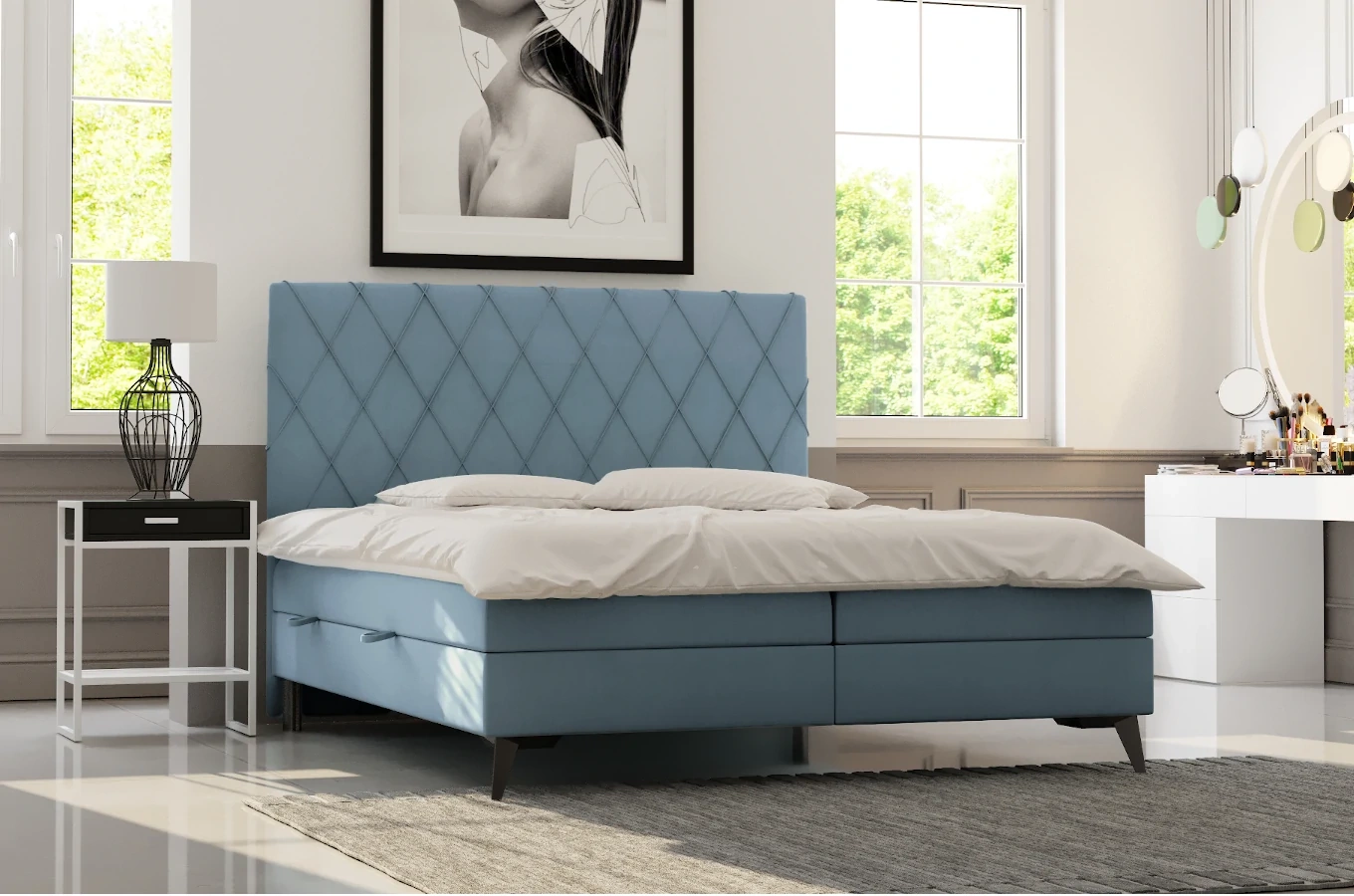 Eleganckie tapicerowane łóżko kontynentalne GEORGE z pojemnikiem na pościel