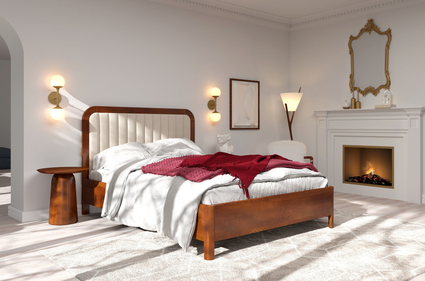 Tapicerowane łóżko drewniane bukowe Visby MODENA BC z wysokim zagłówkiem / 160x200 cm, kolor orzech, zagłówek Casablanca 2301 (skrzynia na pościel)