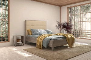 Tapicerowane łóżko drewniane dębowe Visby FRIDA z wysokim zagłówkiem / 120x200 cm, olej bielony, zagłówek French Velvet 652