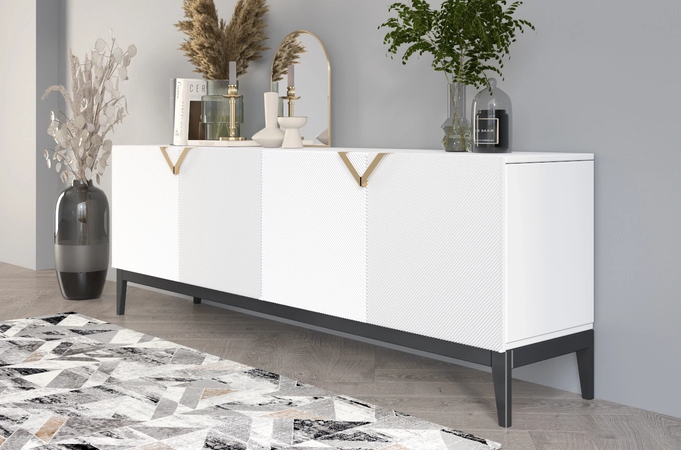 Drewniana komoda Visby DEMI LONG / kolor biały + czarne nogi / szer. 201,5 cm