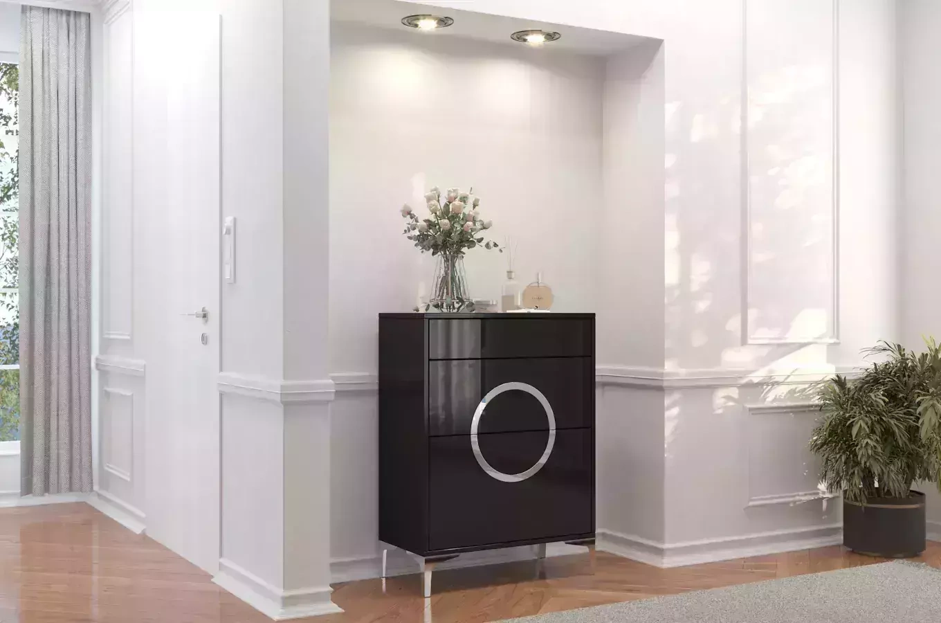 Elegancki, czarny zestaw mebli do przedpokoju Dancan EVELINE / wysoki połysk