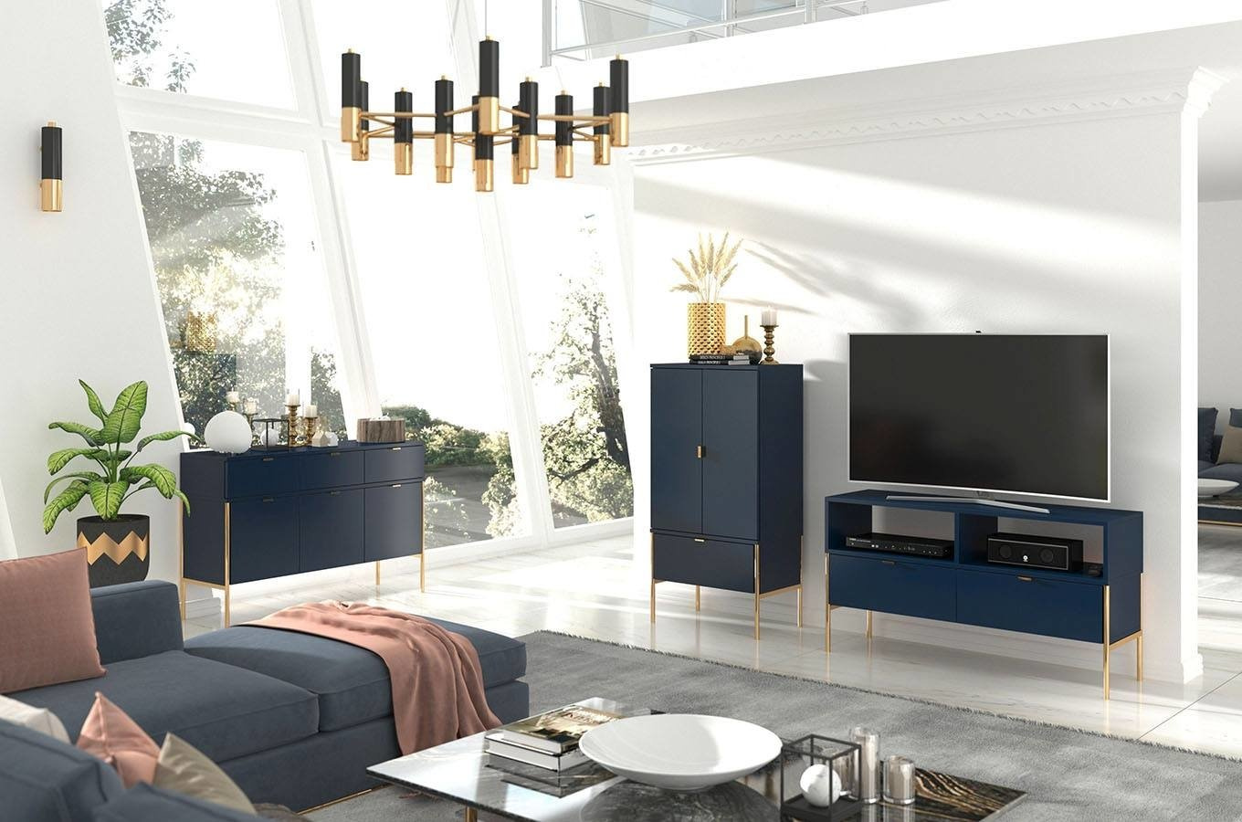 Elegancka granatowa komoda RTV Skandica POLKA na złotych nóżkach / szer. 120 cm