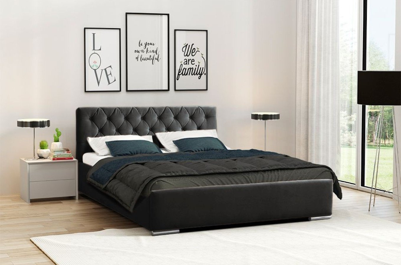 Wysyłka w 48h! Klasyczne łóżko tapicerowane do sypialni DELLEN pikowane guzikami / 160x200 cm, kolor szary,  pojemnik na pościel + stelaż metalowy, wersja slim, nogi aluminiowe