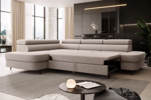 Nowoczesny narożnik TANZANIT L z funkcją spania i pojemnikiem na pościel