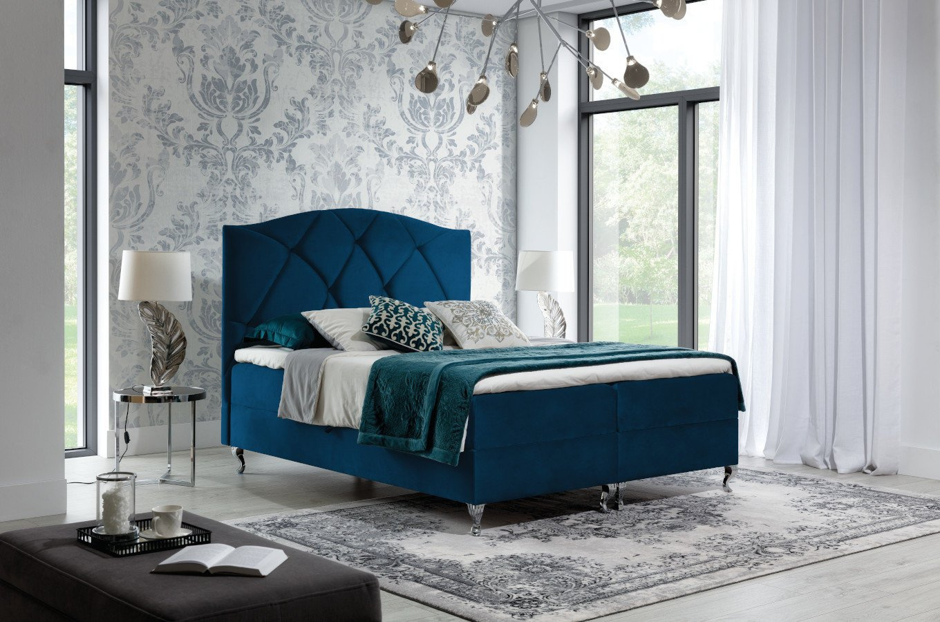 Tapicerowane łóżko kontynentalne do sypialni BRACCIANO w stylu glamour