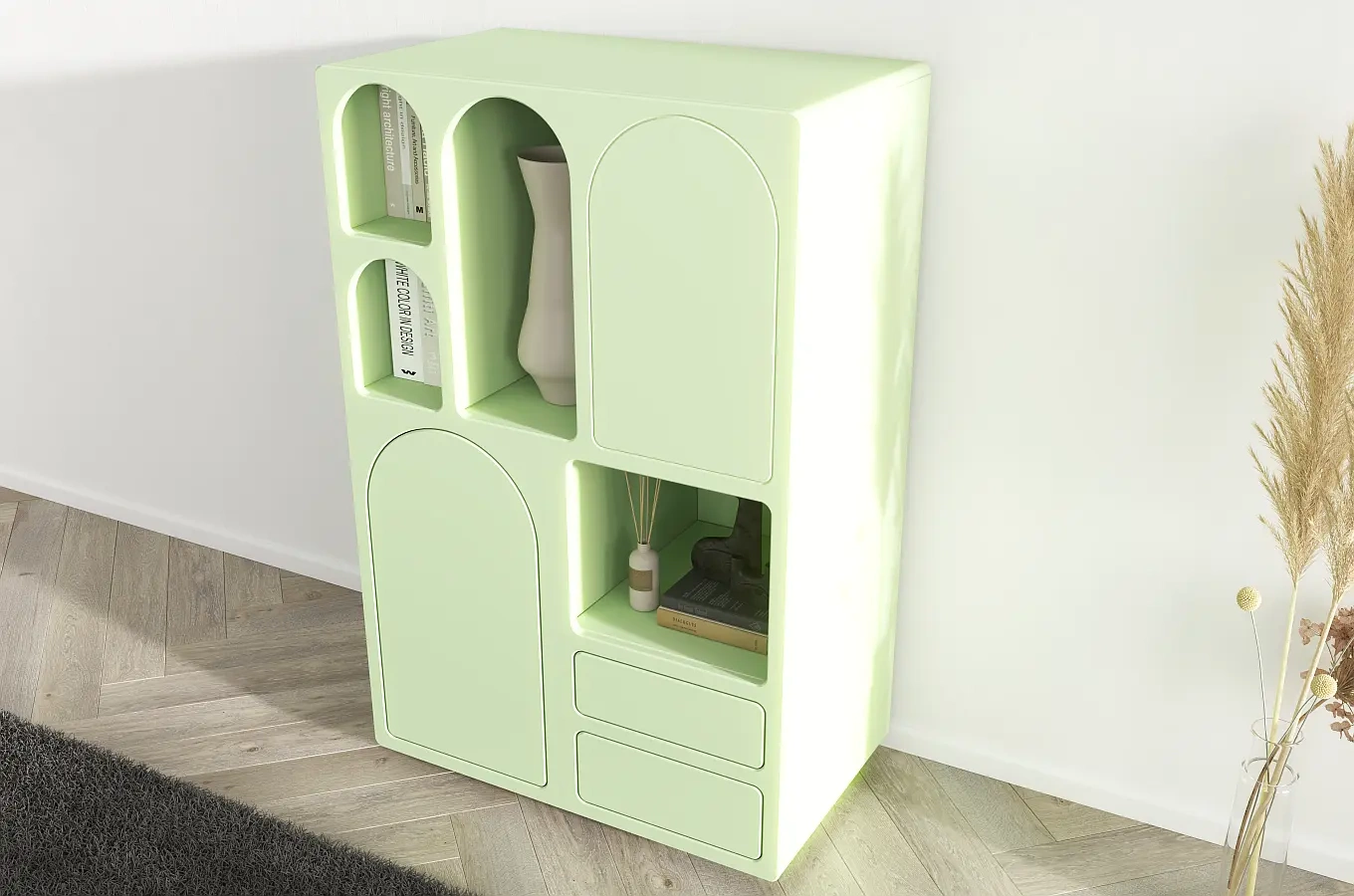 Drewniana komoda z łukami Visby OLIMPIA HIGH / kolor pudrowa zieleń / szer. 80 cm