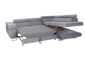 Nowoczesny narożnik DAJTI z funkcją spania, pojemnikiem na pościel oraz regulowanymi zagłówkami