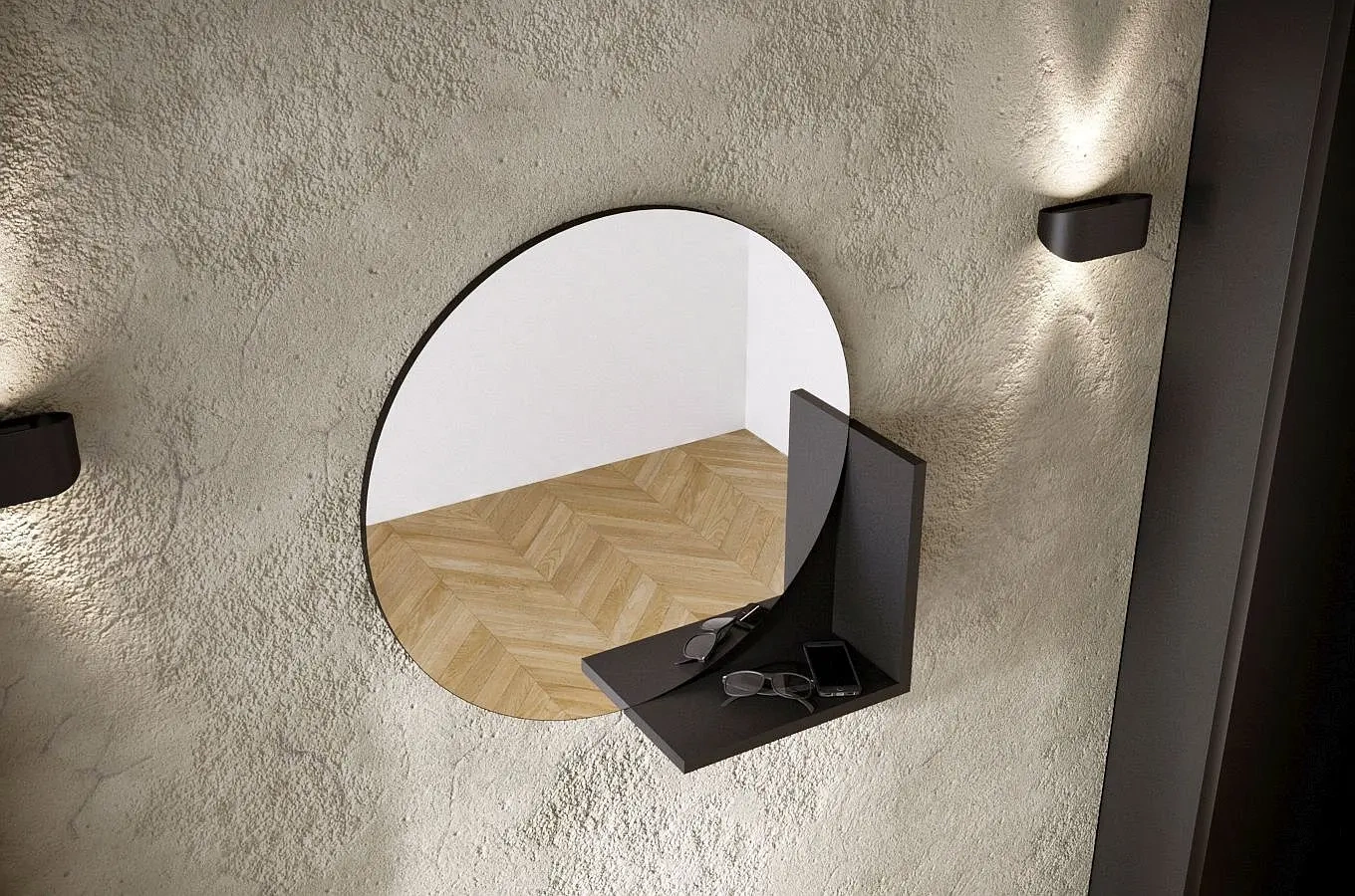 Okrągłe czarne lustro z półką Skandica LUCIJA / średnica 60 cm