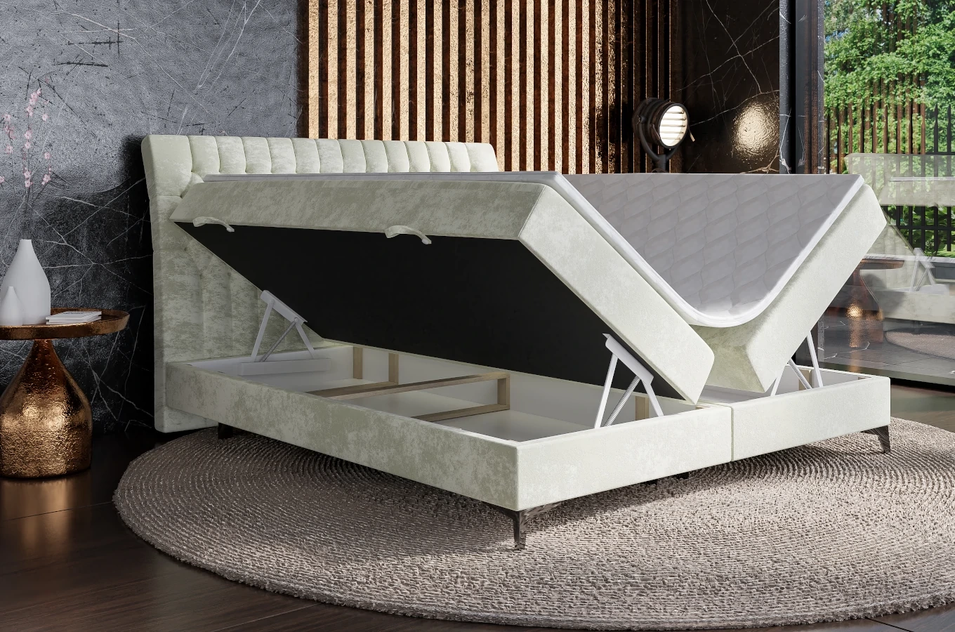 Eleganckie tapicerowane łóżko kontynentalne do sypialni PALACE z pojemnikiem na pościel