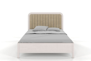 Tapicerowane łóżko drewniane bukowe Visby MODENA z wysokim zagłówkiem / 200x200 cm, kolor biały, zagłówek Casablanca 2303