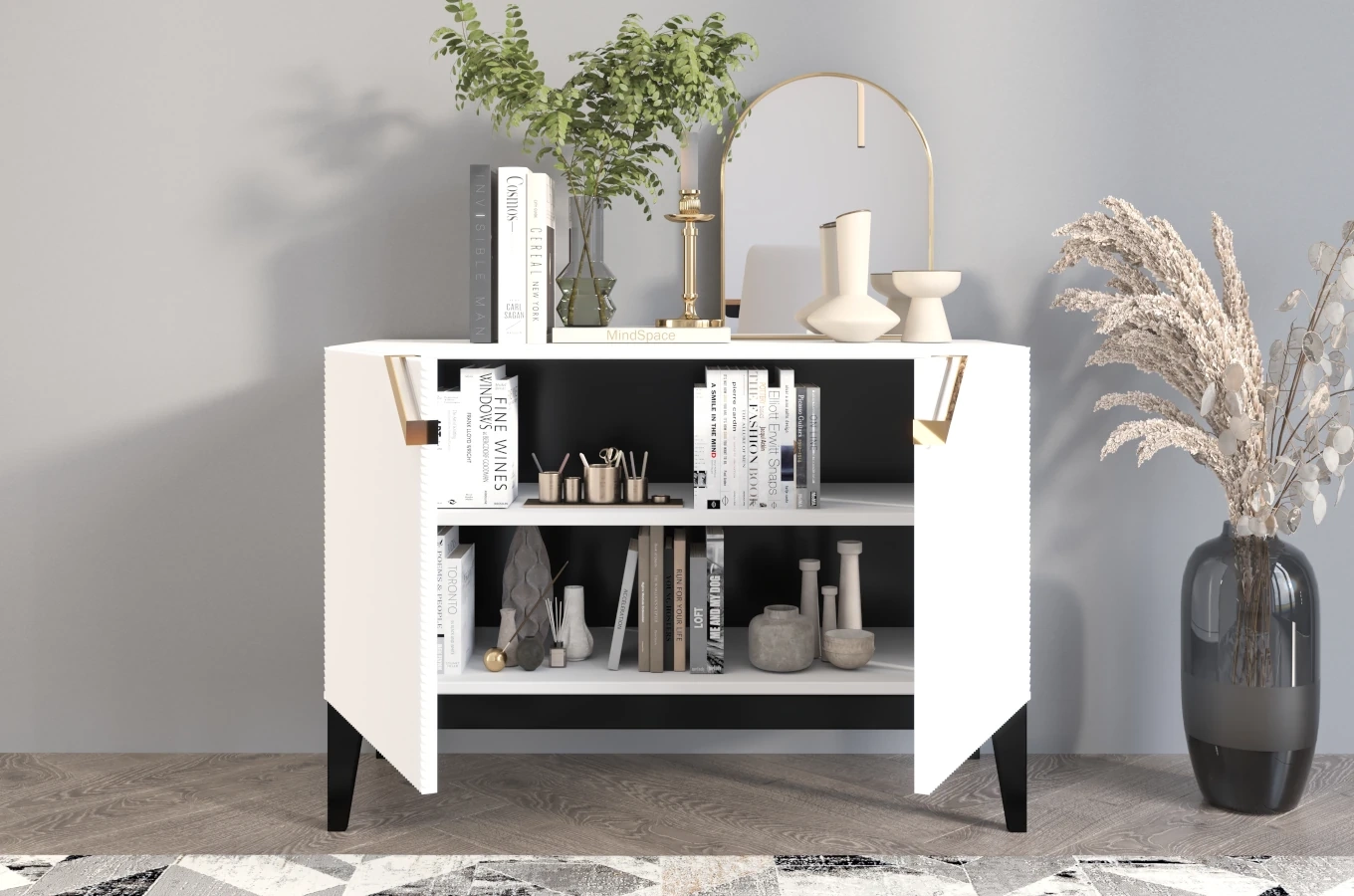 Drewniana komoda Visby DEMI LONG 2D / kolor biały + czarne nogi / szer. 100,5 cm