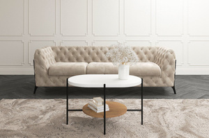 Nowoczesny stolik kawowy Dancan ARENA / czarna podstawa + biały i dębowy blat