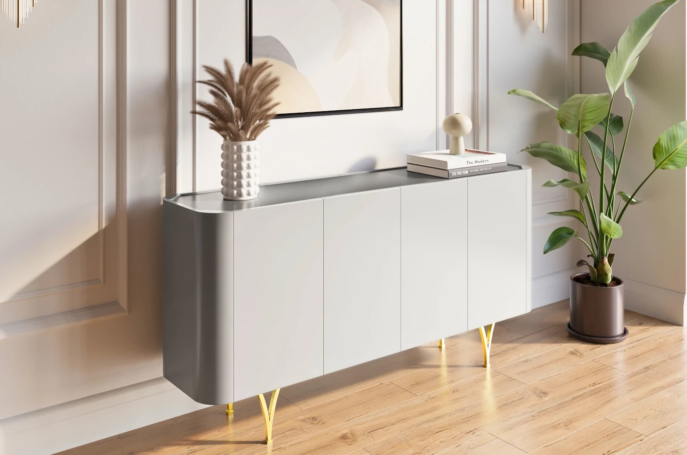 Nowoczesna szara komoda Dancan MONZA ze złotymi nóżkami / szer. 160 cm