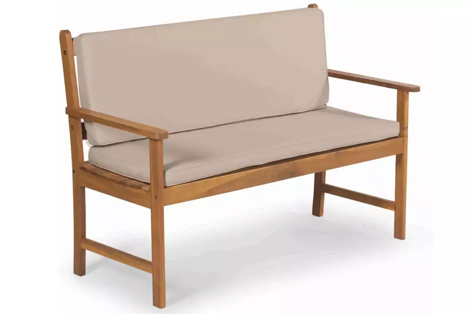 2-osobowa ławka ogrodowa SINTRA z drewna akacjowego z beżową poduszką