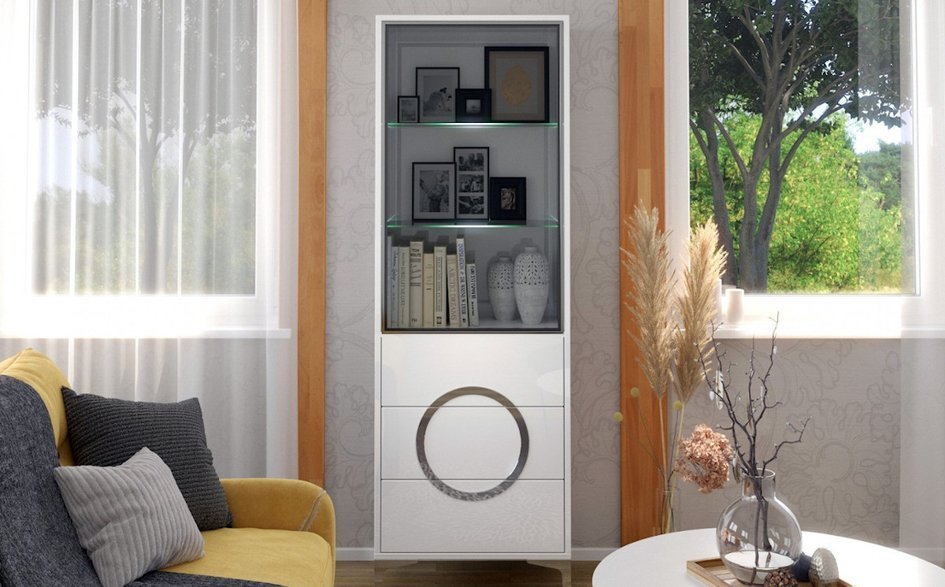 Biała nowoczesna witryna Dancan EVA ze szklanymi drzwiami połysk / szer. 60 cm
