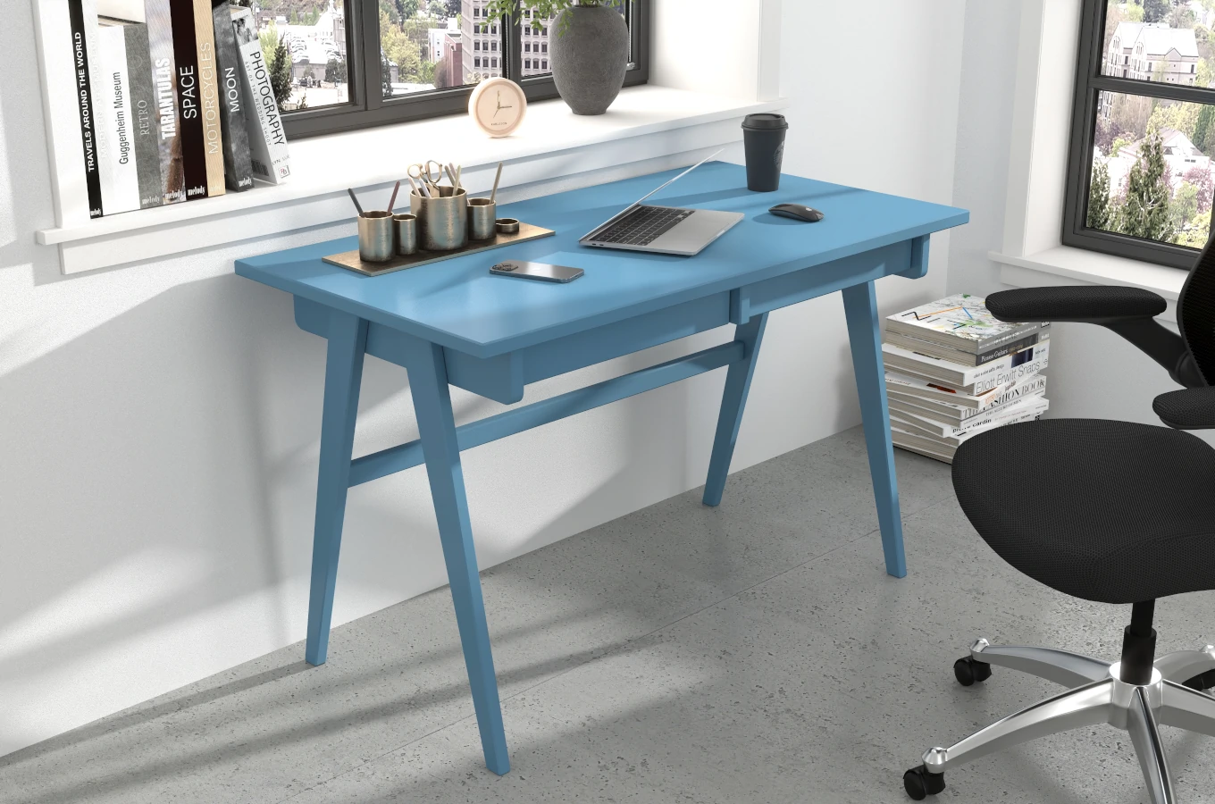Drewniane biurko / toaletka z szufladami Visby EDDA / kolor pastelowy niebieski / 120x65 cm