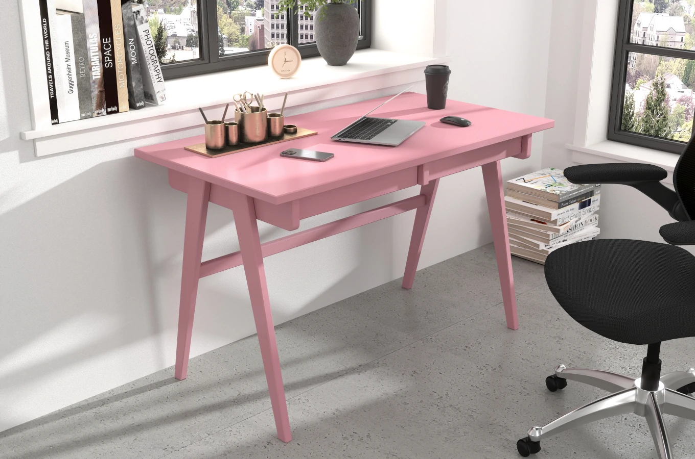 Drewniane biurko / toaletka z szufladami Visby EDDA / kolor pudrowy róż / 120x65 cm