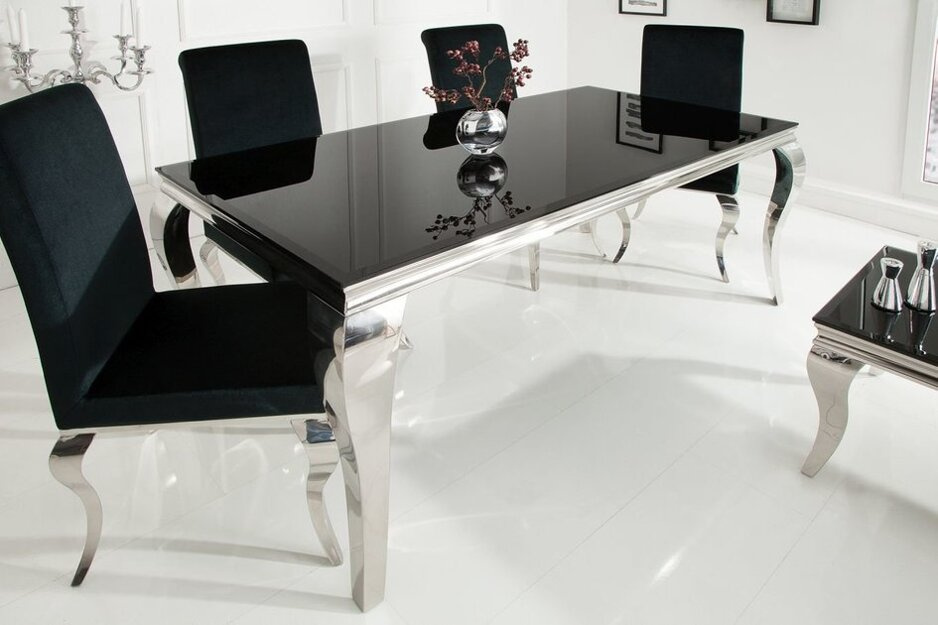 MODERN BAROCK elegancki stół do jadalni w stylu glamour z czarnym blatem i srebrnymi nogami / 180x90 cm