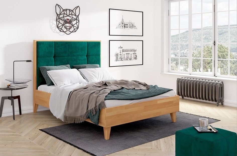 Tapicerowane łóżko drewniane bukowe Visby FRIDA z wysokim zagłówkiem / 120x200 cm, kolor biały, zagłówek French Velvet 675