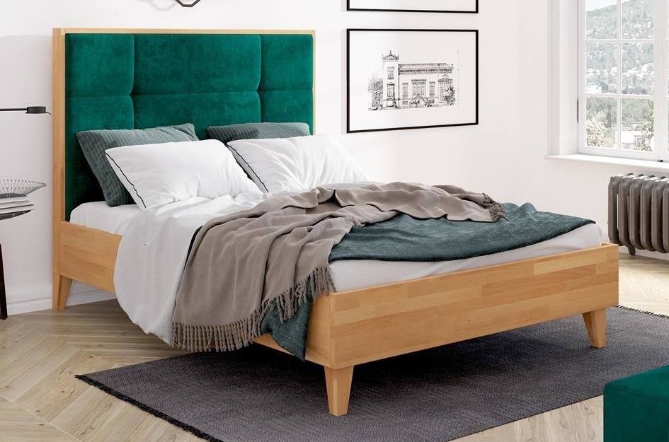 Tapicerowane łóżko drewniane bukowe Visby FRIDA z wysokim zagłówkiem