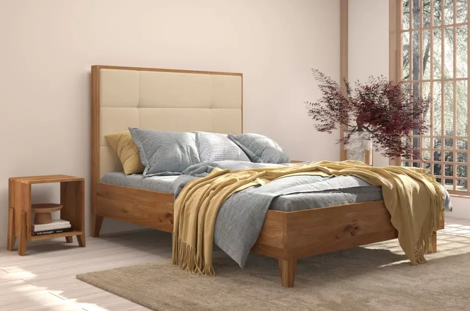 Tapicerowane łóżko drewniane dębowe Visby FRIDA z wysokim zagłówkiem