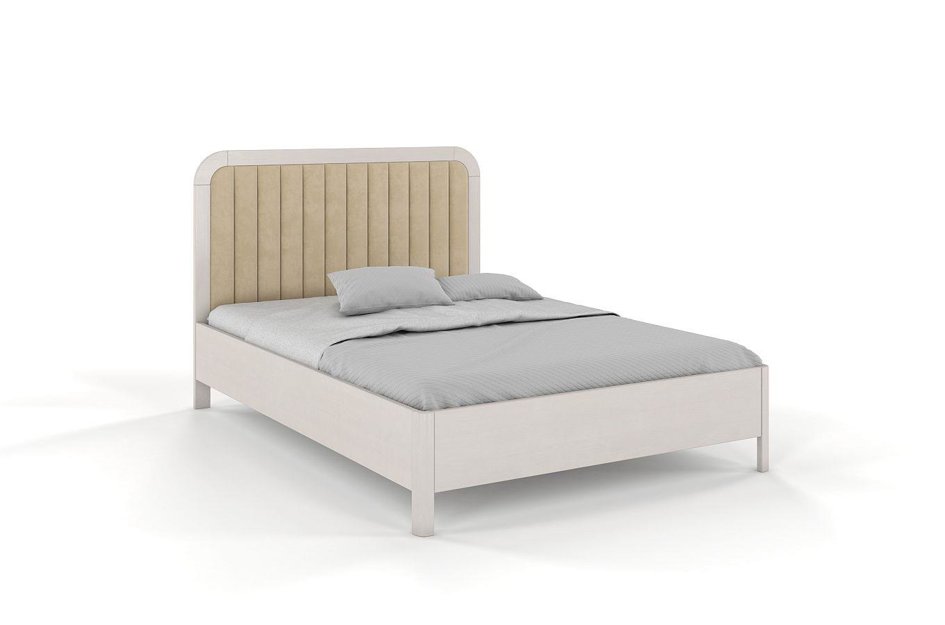 Tapicerowane łóżko drewniane sosnowe Visby MODENA z wysokim zagłówkiem / 200x200 cm, kolor biały, zagłówek Casablanca 2302