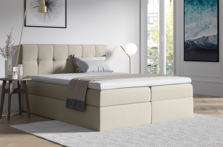 Tapicerowane łóżko kontynentalne ADRIANO z zagłówkiem pikowanym w kwadraty
