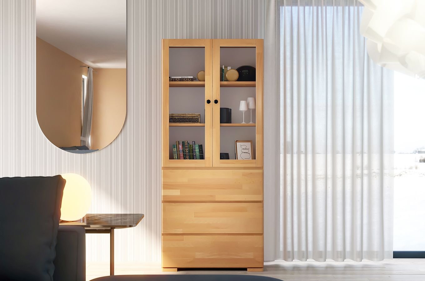 Drewniana bukowa witryna ze szklanymi drzwiami Visby SANDEMO 3S80 / kolor naturalny