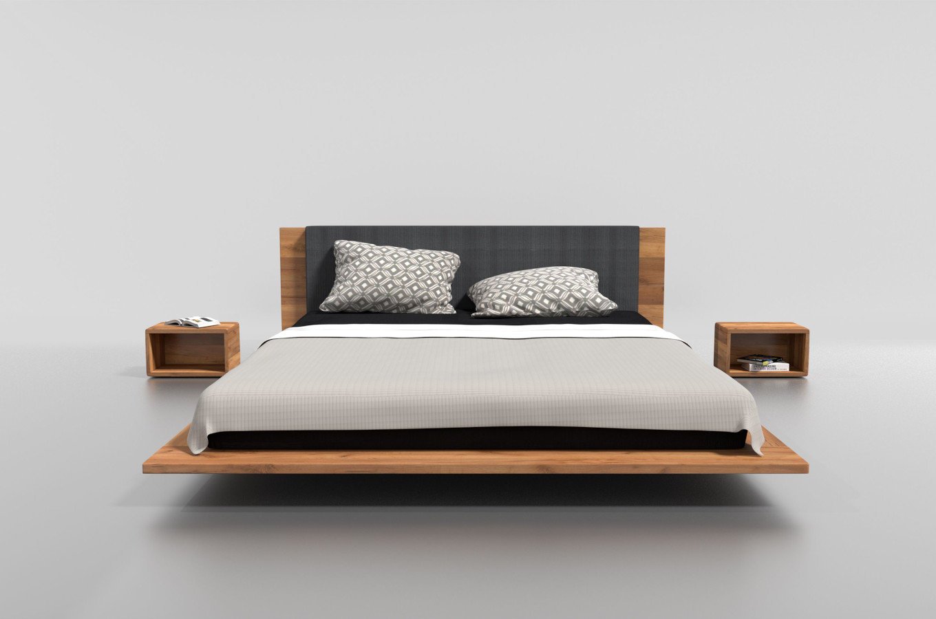 Drewniane łóżko do sypialni KUZMA z tapicerowanym zagłówkiem