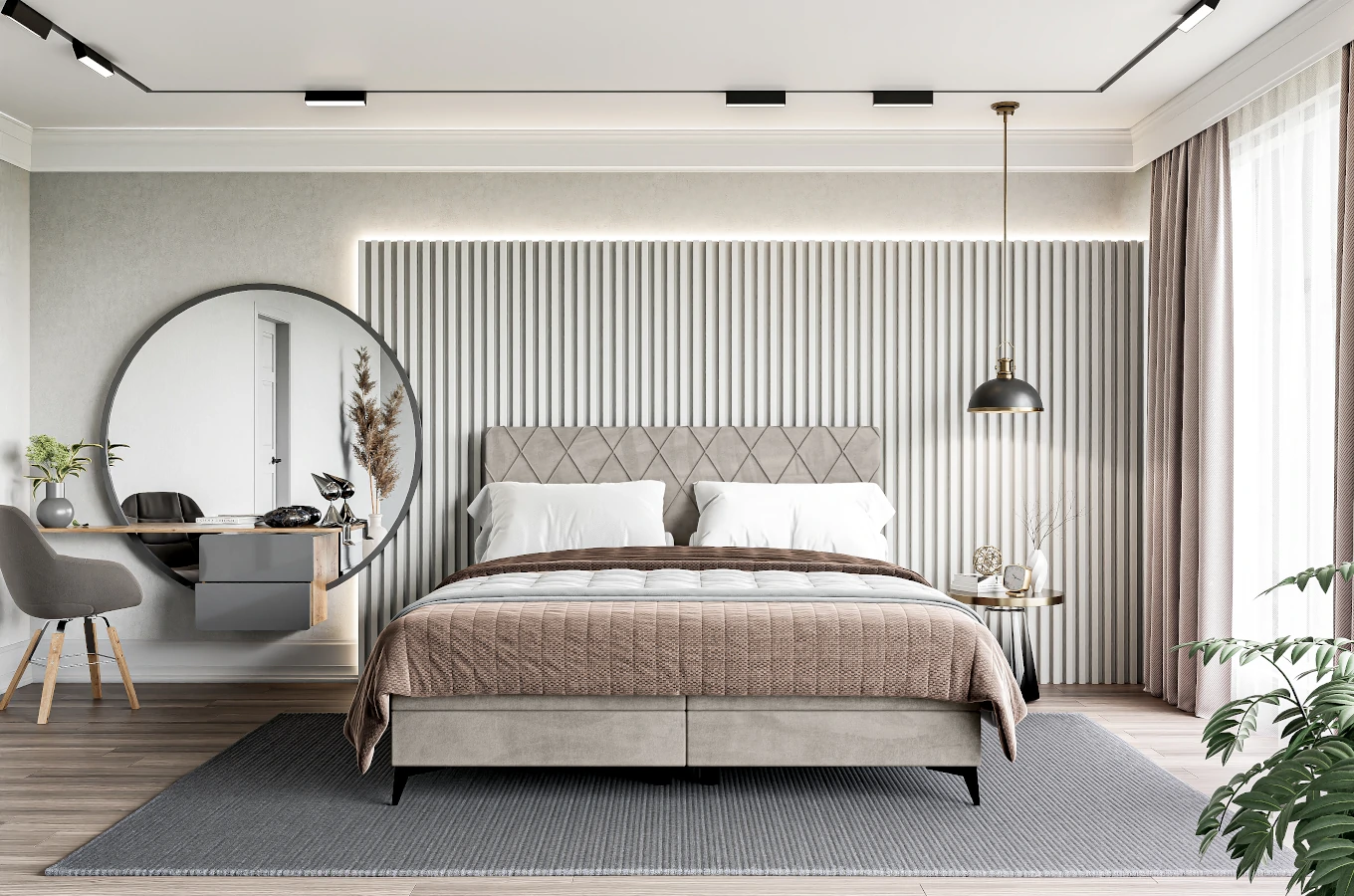 Eleganckie tapicerowane łóżko kontynentalne GEORGE z pojemnikiem na pościel