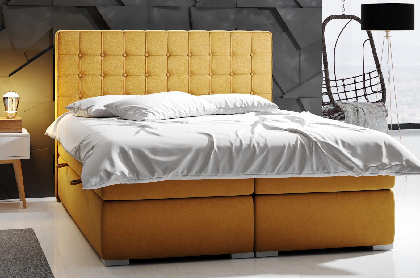 Eleganckie tapicerowane łóżko kontynentalne do sypialni HUAN z pojemnikiem na pościel